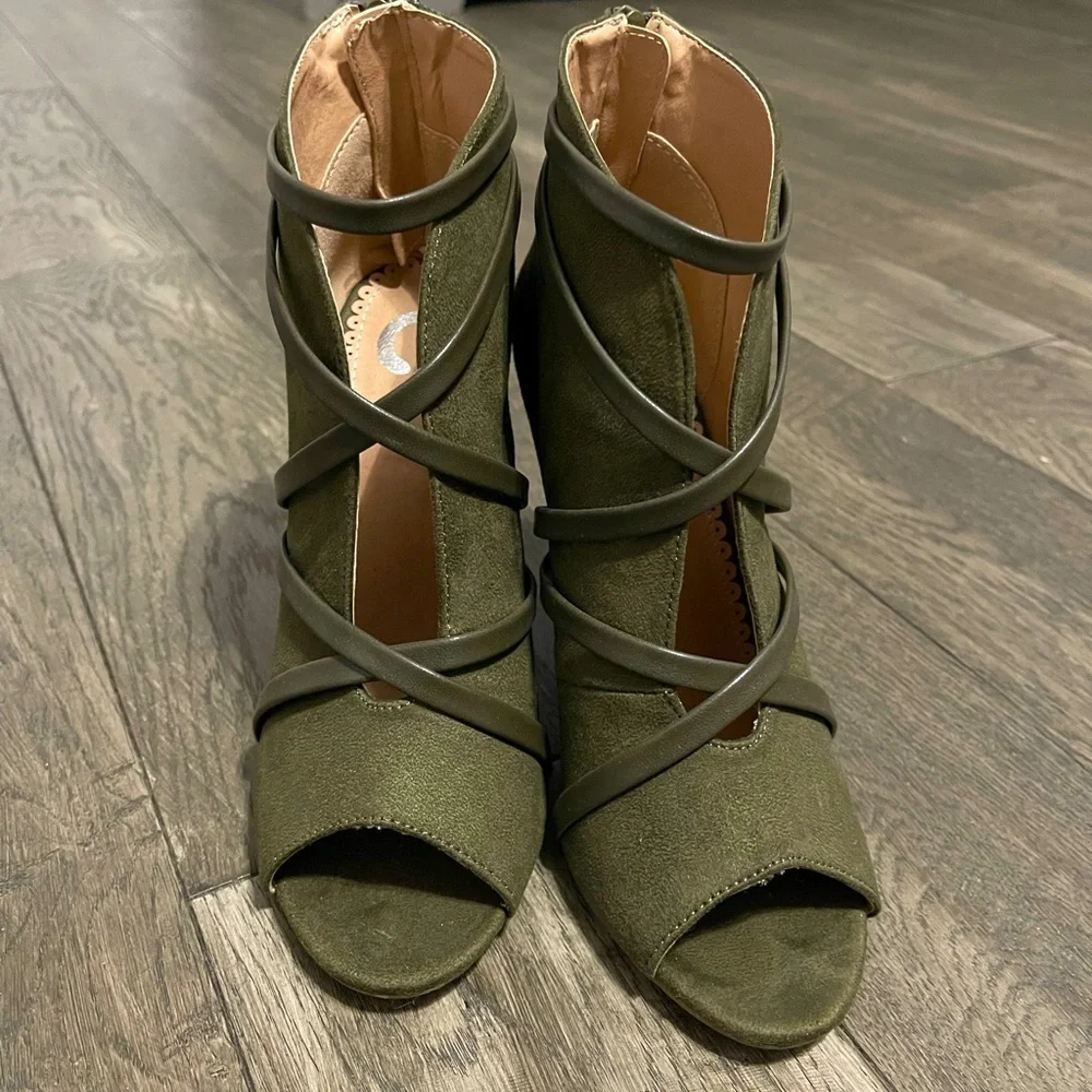 Olive Green Suede Lace-Up Heeled Booties | Open Toe Stiletto | Size 6